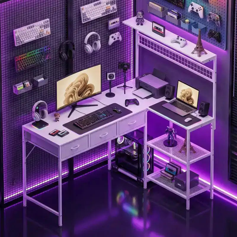 Bureau d'ordinateur en L avec 3 tiroirs, bureau d'angle réversible avec étagère et rangement à 3 niveaux pour le bureau à domicile