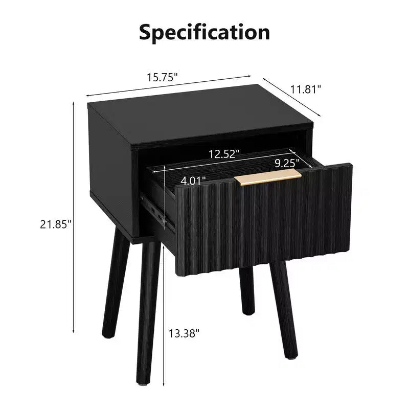 Table de chevet Karl Home 39,8 cm, noire, avec relief, panneaux de particules et MDF, mélamine et formage sous vide, 1 tiroir, pieds hauts (2 pièces)