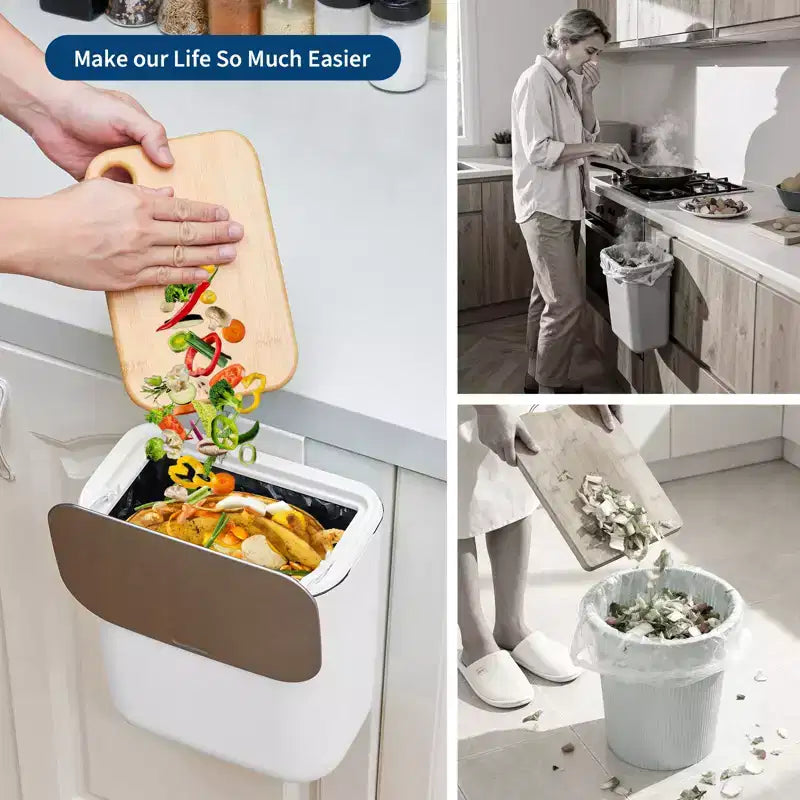 Poubelle suspendue avec couvercle, poubelle de compostage de cuisine sous évier, à monter sur porte d'armoire ou à fixation adhésive, récipient à déchets alimentaires en PP avec couvercle en acier inoxydable