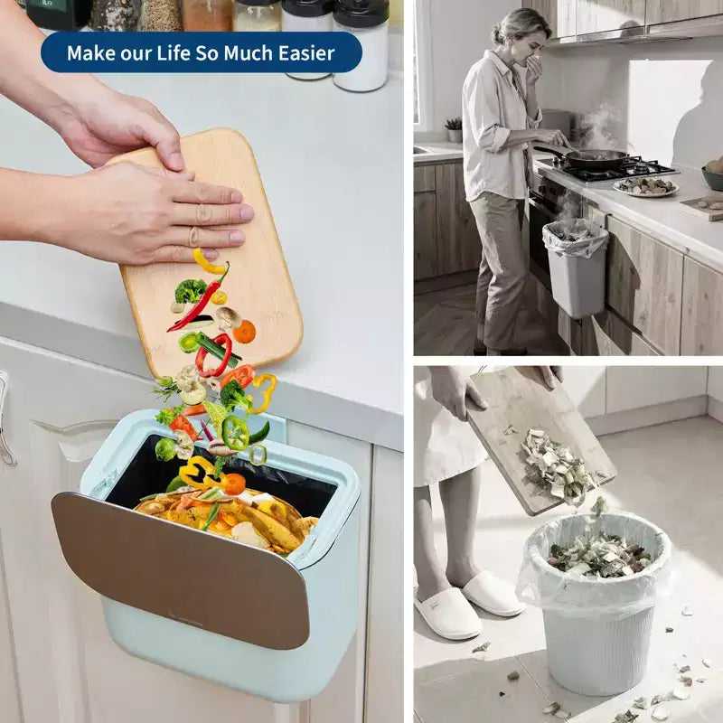 Poubelle suspendue avec couvercle, poubelle de compostage de cuisine sous évier, à monter sur porte d'armoire ou à fixation adhésive, récipient à déchets alimentaires en PP avec couvercle en acier inoxydable