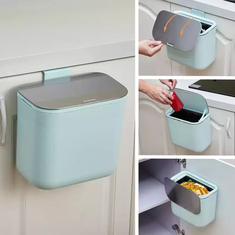 Hanging Trash Can with Lid, Under Sink Kitchen Compost Bin, Cabinet Door Mounted or Adhesive Mount, PP Food Waste Container with Stainless Steel Lid