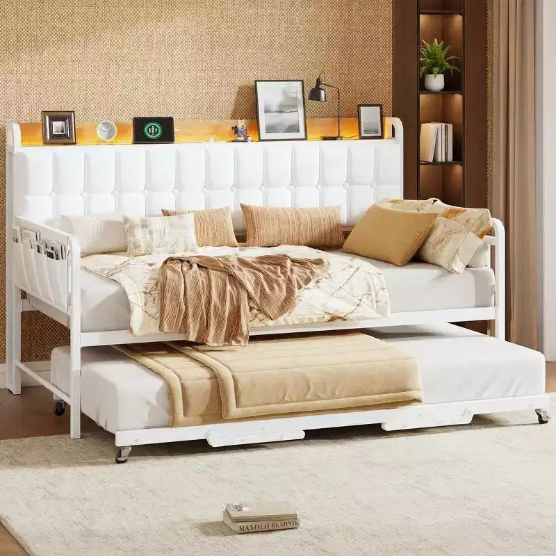 Lit de repos gigogne simple, cadre de canapé rembourré avec lumière LED, station de charge et tête de lit de rangement, lattes métalliques robustes