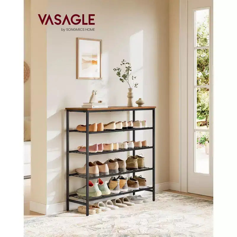 VASAGLE Étagère à chaussures, Organisateur de rangement de chaussures pour placard, Étagère de rangement en métal autoportante, 5 niveaux, pour 18 à 24 paires, Marron rustique et noir encre