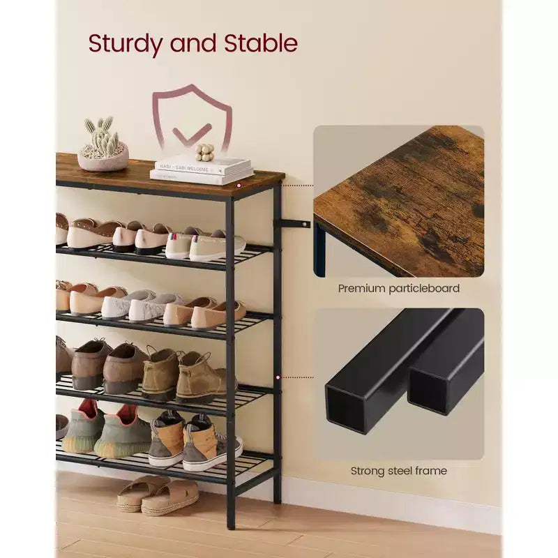 VASAGLE Étagère à chaussures, Organisateur de rangement de chaussures pour placard, Étagère de rangement en métal autoportante, 5 niveaux, pour 18 à 24 paires, Marron rustique et noir encre