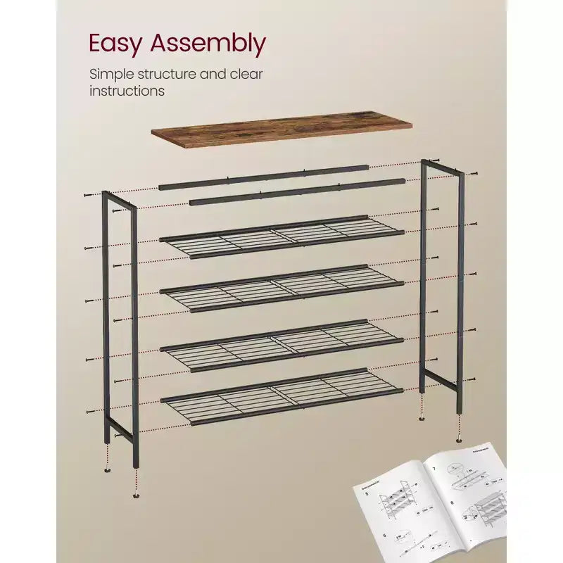 VASAGLE Étagère à chaussures, Organisateur de rangement de chaussures pour placard, Étagère de rangement en métal autoportante, 5 niveaux, pour 18 à 24 paires, Marron rustique et noir encre
