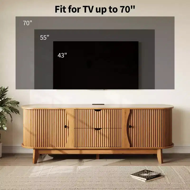 Meuble TV moderne du milieu du siècle de 63 po avec prise de courant - Meuble de divertissement en noyer avec 2 tiroirs et étagères réglables