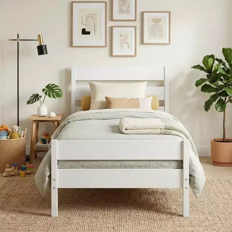 Cadre de lit plateforme double VECELO avec tête de lit à lattes horizontales, pas besoin de sommier tapissier, lit en bois pour chambre d'enfant