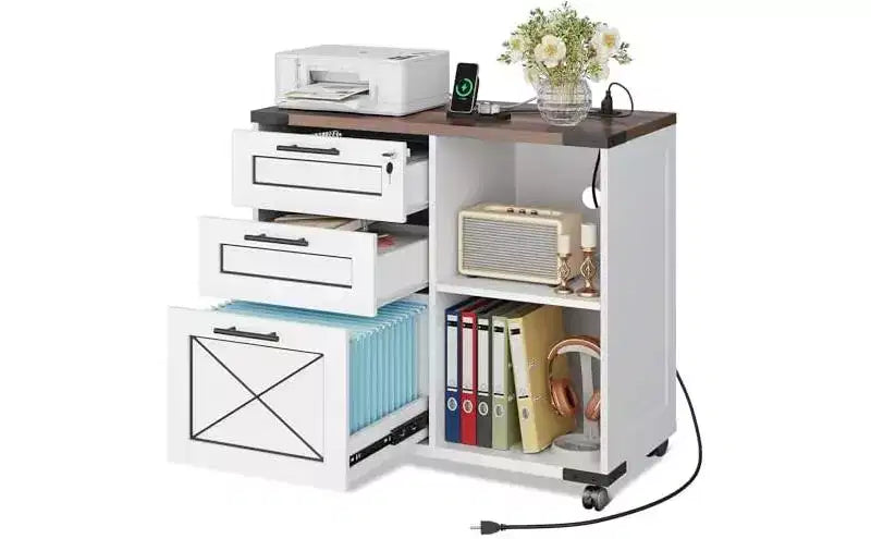 Classeur en bois DEXYLLO avec station de recharge, classeur latéral mobile avec serrure pour bureau à domicile