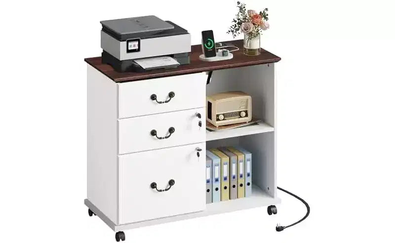 Meuble de classement DEXYLLO à 3 tiroirs, meuble de classement latéral en bois avec serrure et station de charge, support d'imprimante roulant avec rangement pour le bureau à domicile