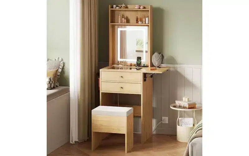 DEXYLLO Petite coiffeuse avec miroir et lumières réglables, ensemble coiffeuse de maquillage avec panneau rabattable et chaise