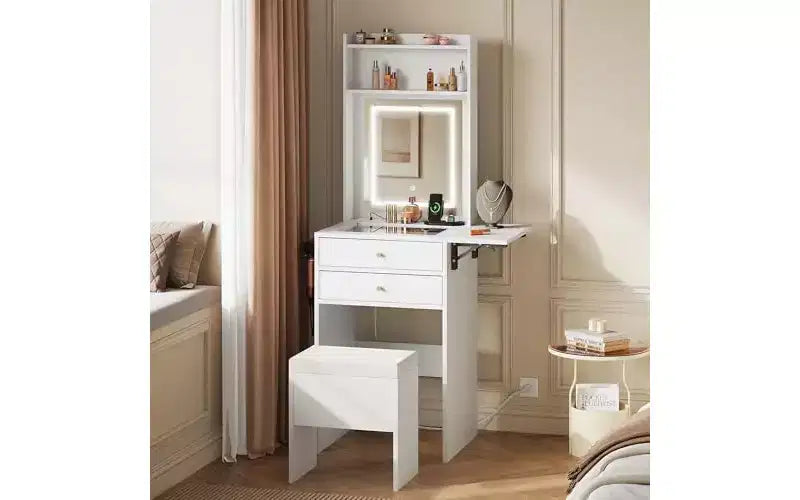 DEXYLLO Petite coiffeuse avec miroir et lumières réglables, ensemble coiffeuse de maquillage avec panneau rabattable et chaise