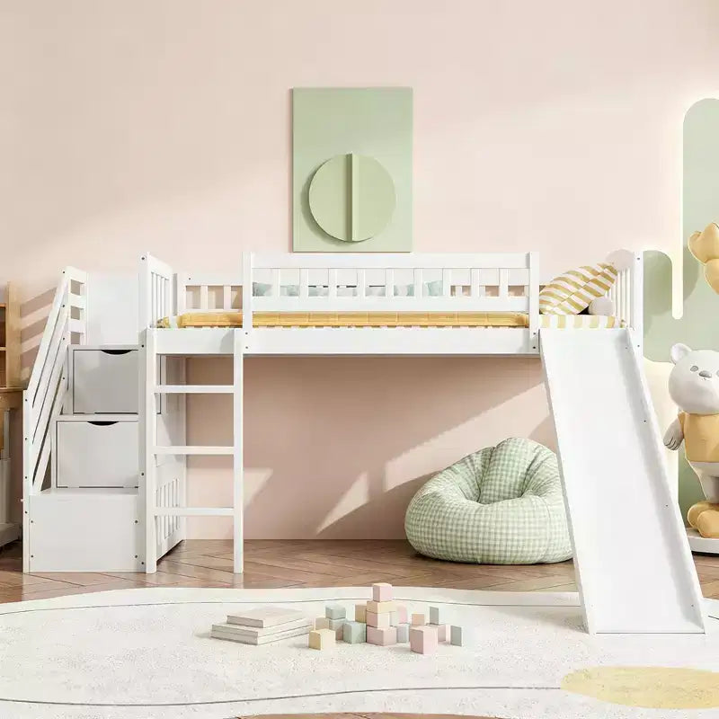 Lit mezzanine double Luxystar avec toboggan et escalier de rangement pour chambre d'enfant