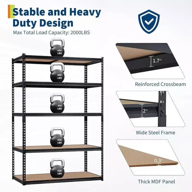 Étagère de Rangement de Garage Robuste à 5 Niveaux, Unité d'Étagères Métalliques Réglables, Capacité de 1134 kg, 122 x 46 x 183 cm, Cadre en Acier Sans Boulons, Panneaux MDF