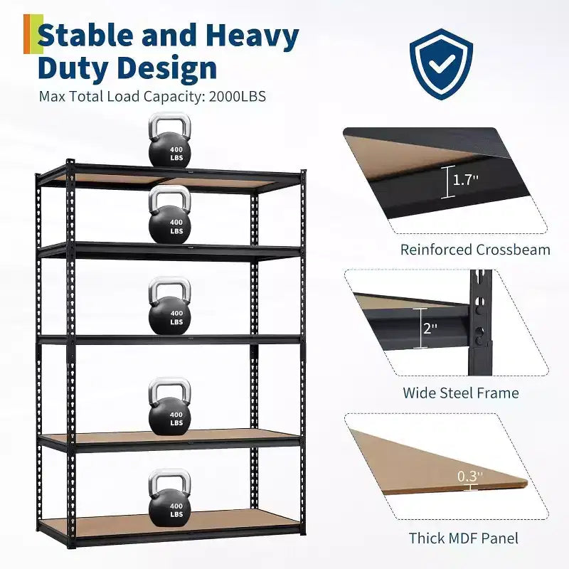 Étagère de Rangement de Garage Robuste à 5 Niveaux, Unité d'Étagères Métalliques Réglables, Capacité de 1134 kg, 122 x 46 x 183 cm, Cadre en Acier Sans Boulons, Panneaux MDF