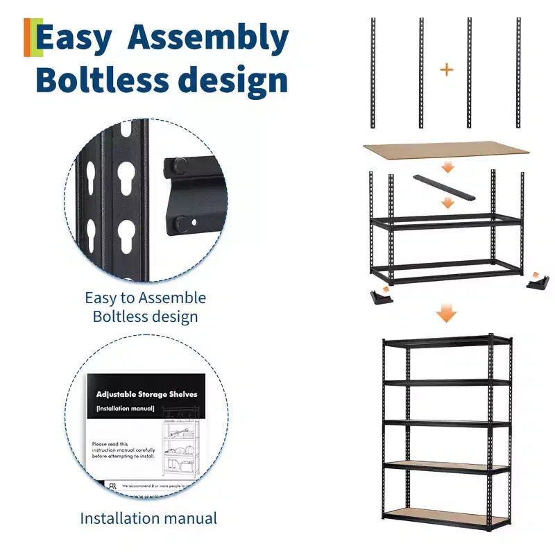 Étagère de Rangement de Garage Robuste à 5 Niveaux, Unité d'Étagères Métalliques Réglables, Capacité de 1134 kg, 122 x 46 x 183 cm, Cadre en Acier Sans Boulons, Panneaux MDF