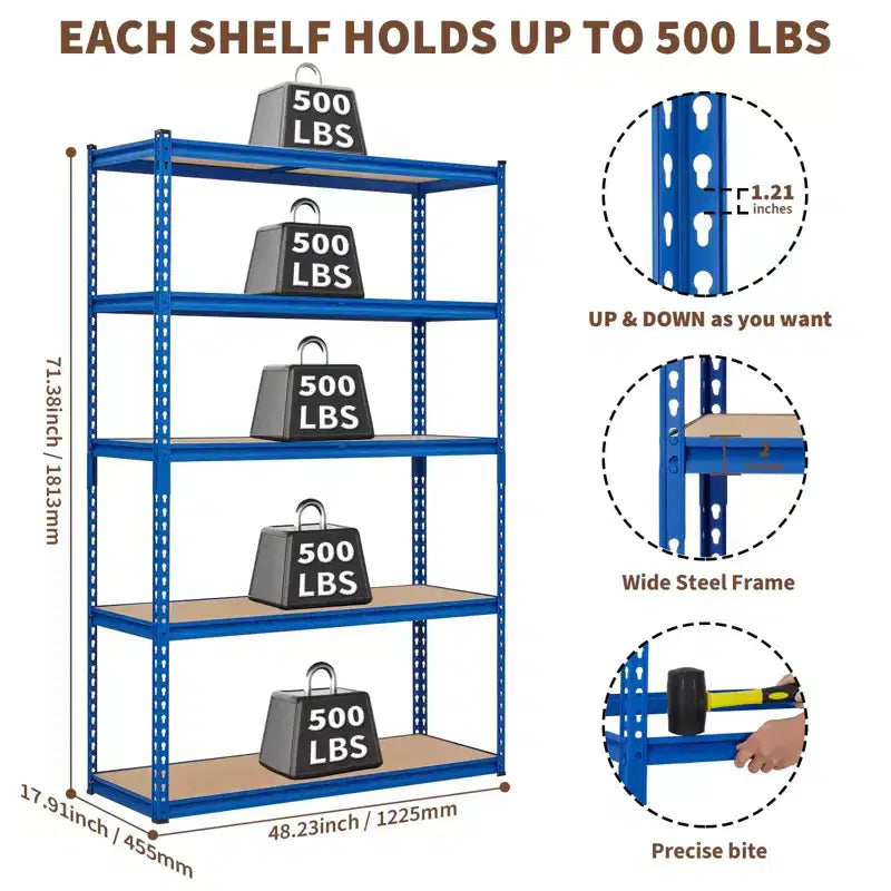 Étagère de Rangement de Garage Robuste à 5 Niveaux, Unité d'Étagères Métalliques Réglables, Capacité de 1134 kg, 122 x 46 x 183 cm, Cadre en Acier Sans Boulons, Panneaux MDF