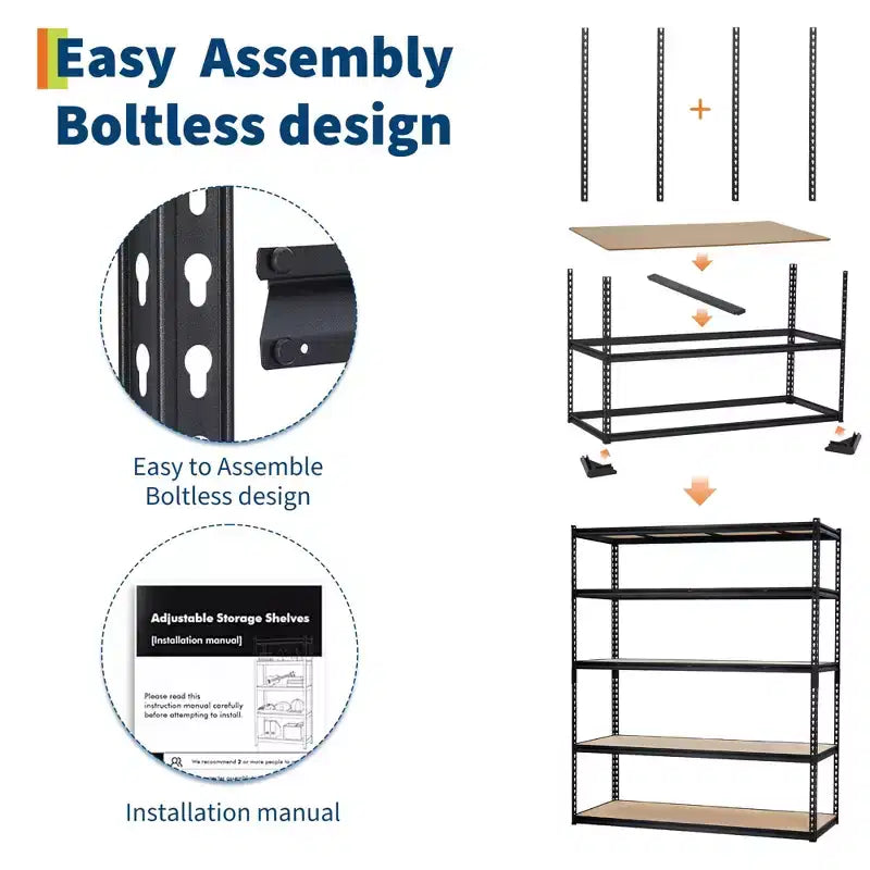 Étagère de Rangement de Garage Robuste à 5 Niveaux, Unité d'Étagères Métalliques Réglables, Capacité de 1134 kg, 122 x 46 x 183 cm, Cadre en Acier Sans Boulons, Panneaux MDF