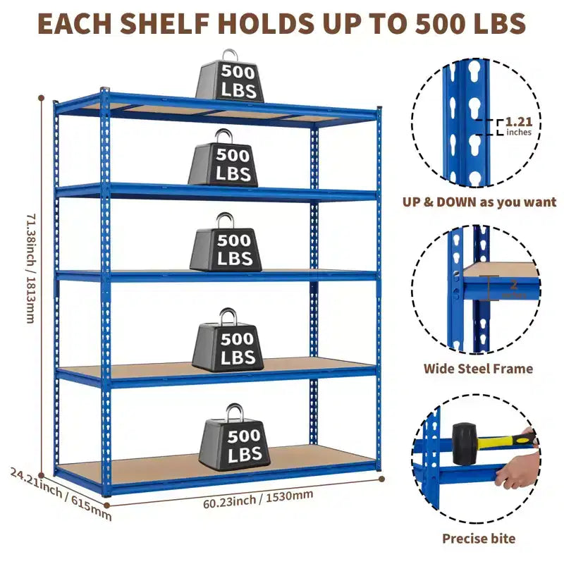 Étagère de Rangement de Garage Robuste à 5 Niveaux, Unité d'Étagères Métalliques Réglables, Capacité de 1134 kg, 122 x 46 x 183 cm, Cadre en Acier Sans Boulons, Panneaux MDF
