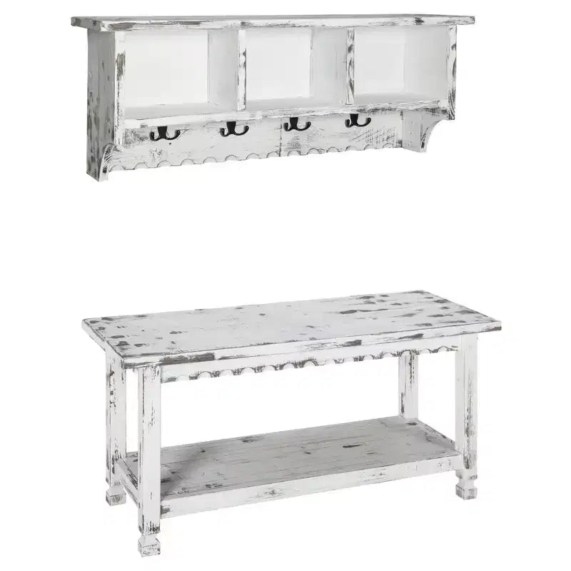 Ensemble porte-manteaux et banc de rangement en bois vieilli style cottage - Meubles Alaterre